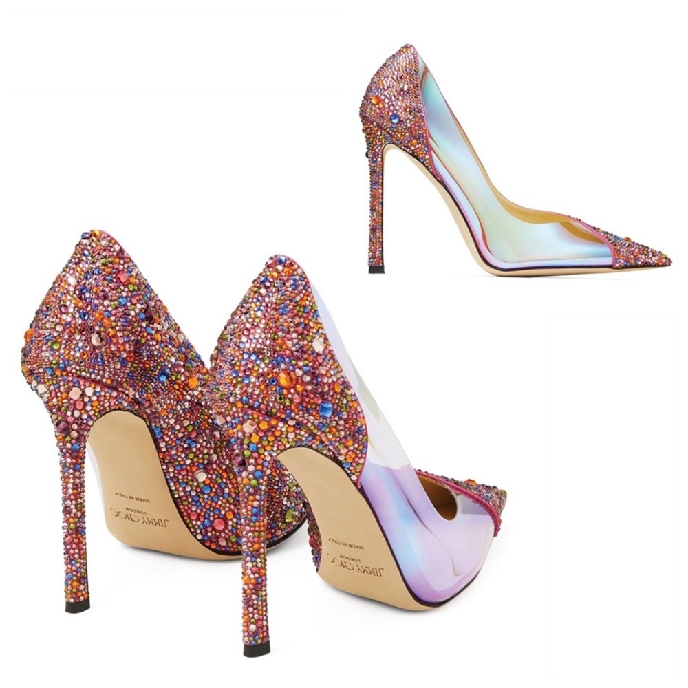 New JIMMY CHOO Cass 110 Clear Plexi Mini Multi Rainbow Crystal Pumps $2,495 39